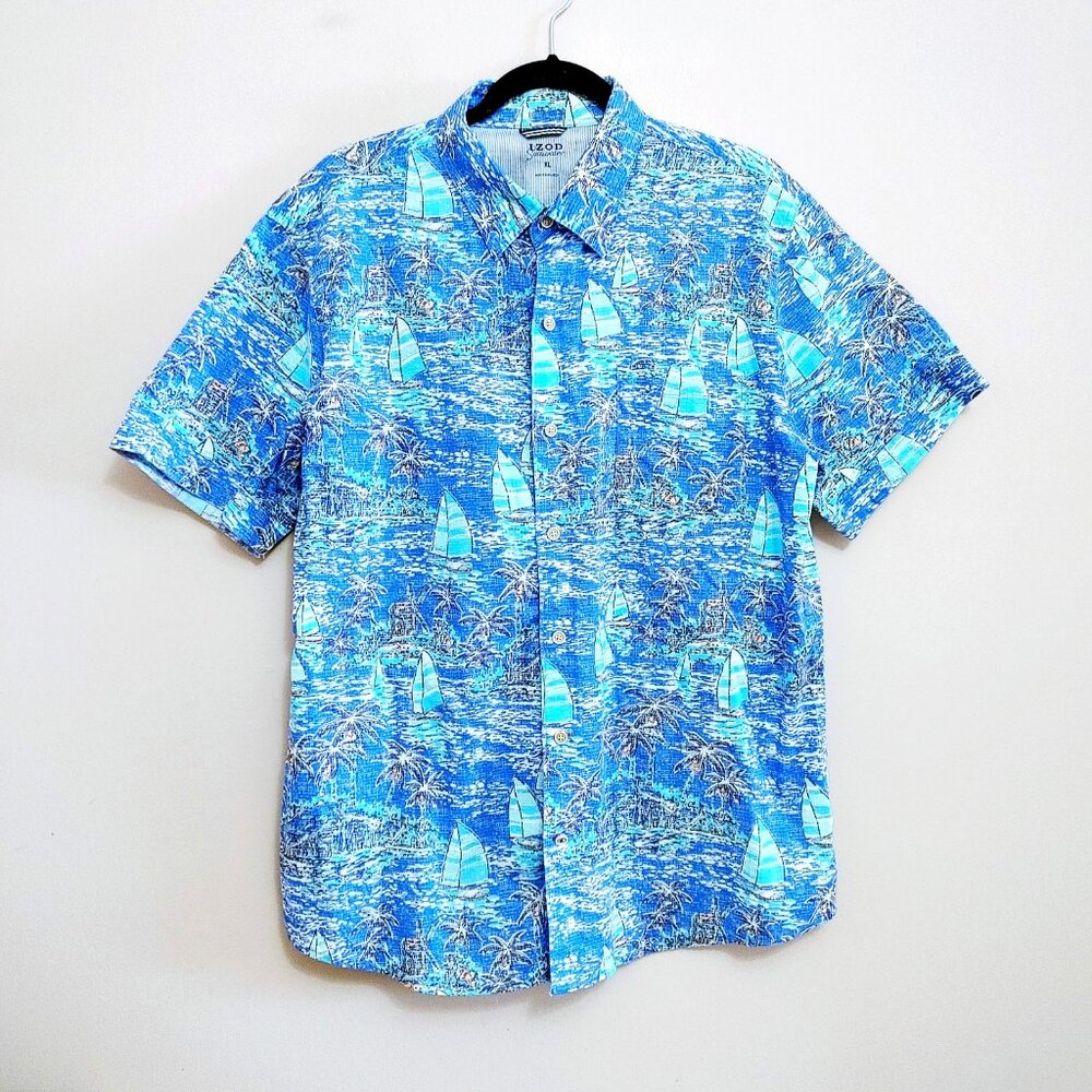IZOD Saltwater Shirt Mens XL Blue Revival Dockside Chambray Hawaiian Print